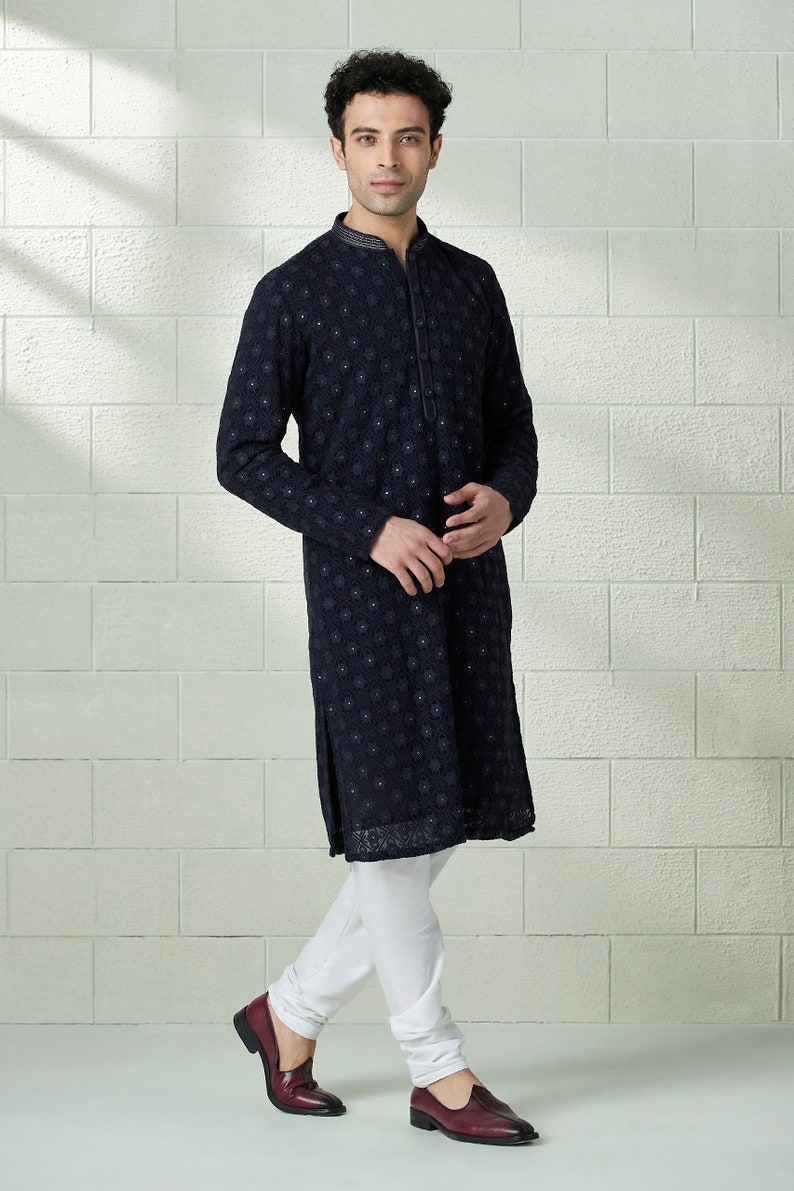 Basic Costom For Men Handmade Georgette Embroidery Costom Fit Mens Kurta Churidar Set for ...