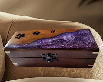 Engraved Paw Pet Urn Box: Wood, Resin & Metal