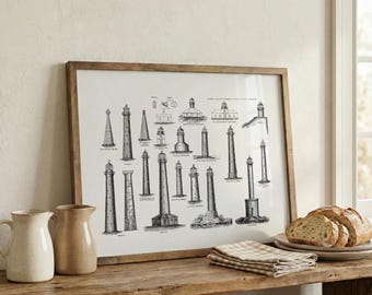 May include: A framed horizontal print featuring a collection of black and white ink illustrations of various lighthouse designs. The artwork displays multiple architectural styles of lighthouses with labels, presented in a simple wooden frame.