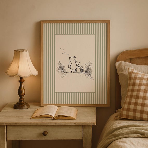 Winnie the Pooh & Piglet Vintage Art Print – Sage Stripe | Nursery Decor | Digital Download