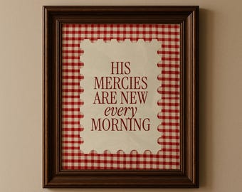 His Mercies Lamentations 3 Scripture Print: Vintage Red Gingham Christian Home Decor (Digital Download)