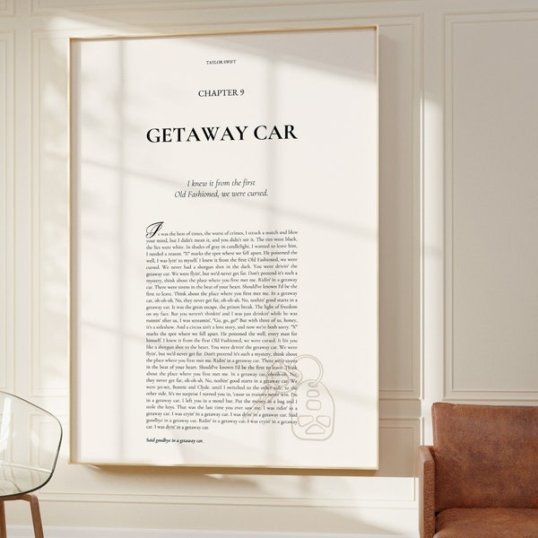 Getaway Car Digital Lyric Poster | Girly Gift | Fast Gift | Printable Poster | Minimalist Art | Dorm Art Chapter Book Lyric Art