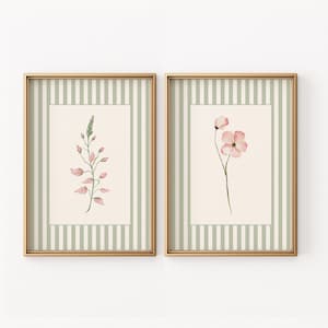 Puede incluir: Dos estampas botánicas enmarcadas. Cada una presenta un marco dorado, un fondo crema y una ilustración a la acuarela de una planta con flores rosas y hojas verdes. El fondo tiene un patrón de rayas en verde claro y blanco.