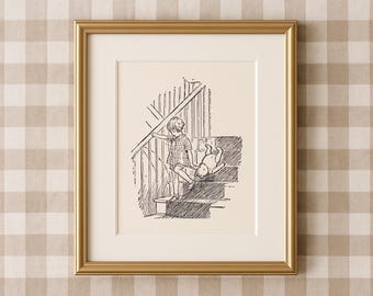 May include: A framed black and white illustration of a child and a stuffed animal on stairs. The artwork is in a gold frame with a cream mount. The background is a tan and white checked pattern.