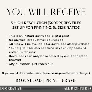 K&ouml;nnte beinhalten: Cremefarbene digitale Druckank&uuml;ndigung mit schwarzem Text. Der Text lautet &bdquo;YOU WILL RECEIVE&ldquo; gefolgt von Details zu hochaufl&ouml;senden JPG-Dateien, sofortigem Download und Zugriffsanweisungen. Enth&auml;lt &bdquo;DOWNLOAD | PRINT | FRAME&ldquo; unten.