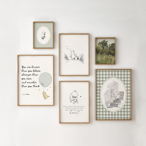 Winnie the Pooh Vintage Print Set 6 Sage Green | Classic Pooh Nursery Decor (Digital Download)
