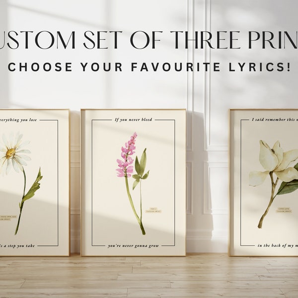 Custom Song Lyric Poster Vintage Floral | Taylor Swift Custom Set of Three Prints | Custom Lyric Digital Wall Art | Girly Gift | Fast Gift