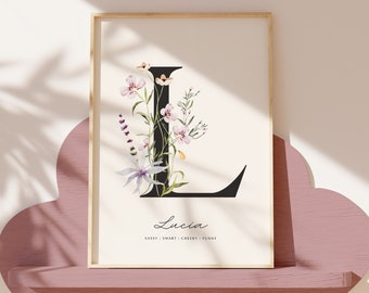 Custom Wildflower Nursery Print | Floral Nursery Wall Art | Baby Girl Nursery Wall Art | Personalised Name Sign Initial | Vintage Nursery
