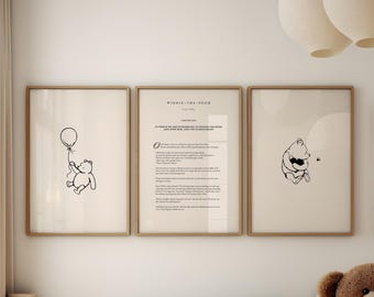 May include: Three framed prints featuring Winnie-the-Pooh. The left print shows Pooh with a balloon, the centre print has text, and the right print shows Pooh with sunglasses. All prints have a beige background and are in wooden frames.