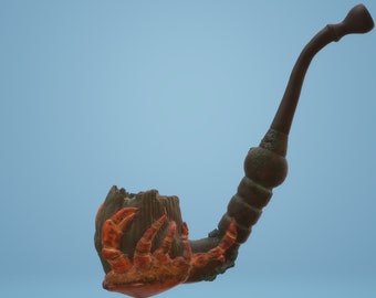May include: A wooden pipe with a crab design. The bowl of the pipe is shaped like a crab claw, with orange and brown details. The stem of the pipe is brown and has a slight curve.