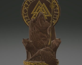 May include: A brown resin statue of Odin, the Norse god of wisdom, war, and death. He is depicted with a long beard and cloak, holding a spear and surrounded by two wolves and a raven. The statue is decorated with gold accents and runes, including the symbol of the Valknut, a symbol of Odin's power over life and death. The base of the statue is inscribed with the word "Odin" in runes.