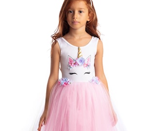 Bloemen eenhoorn jurk in roze voor meisjes, eenhoorn kostuum voor kinderen, kids party kostuums, tutu jurk.