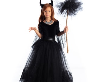 Maleficent geïnspireerde heksenjurk voor meisjes, Halloween-kostuums, kinderfeestkostuums, verjaardagsjurk voor meisjes. Thema feestjurk.