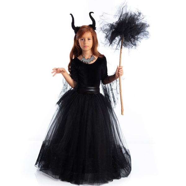 Vestido de bruja inspirado en Maléfica para niñas, disfraces de Halloween, disfraces de fiesta para niños, vestido de cumpleaños para niñas. Vestido de fiesta temático.