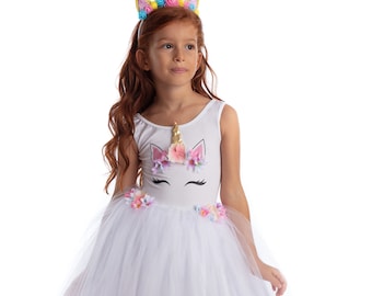 Bloemen eenhoorn jurk in het wit voor meisjes, eenhoorn kostuum voor kinderen, kids party kostuums, tutu jurk.