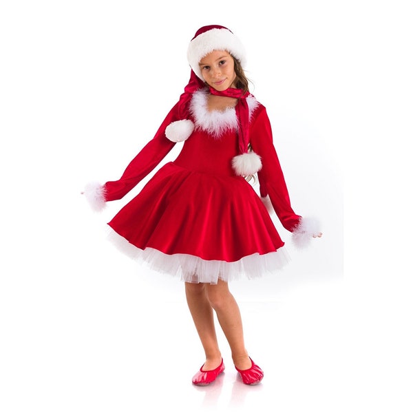 Robe de Père Noël pour filles avec le chapeau, Costume de robe Tutu en velours rouge pour enfants