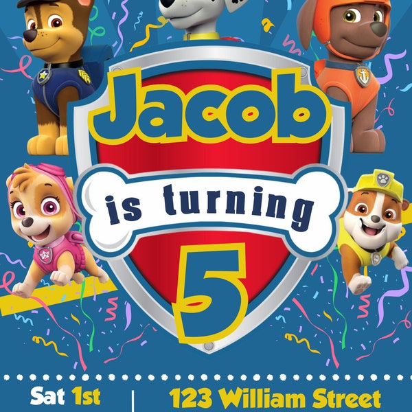 Customised Paw Patrol Birthday Party Invitation for Digital Download