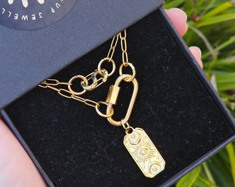 Gold Carabiner Necklace: Sun & Moon Charm Stainless Steel Link Chain Moon and Stars Jewellery