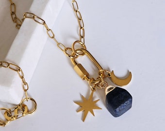Moon & Stars Carabiner Necklace Detachable Lapis Lazuli Raw Stone Charm Gold Link Chain Clip Necklace Personalised Celestial Jewellery Gift