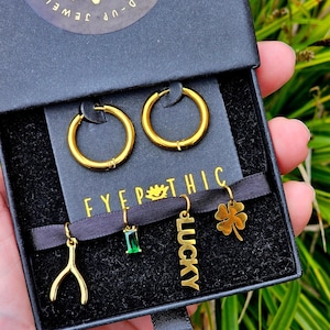 Gold Hoop Earrings With Lucky Charms Clover Jewellery Detachable Charms Custom Jewellery Gift Wishbone Charm & Shamrock Green Cubic Zirconia