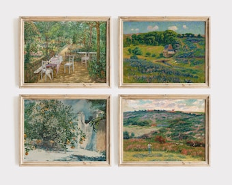 May include: Set of four framed landscape paintings with a rustic, vintage aesthetic. Each painting depicts a different outdoor scene with lush greenery, wildflowers, and a quaint cottage.