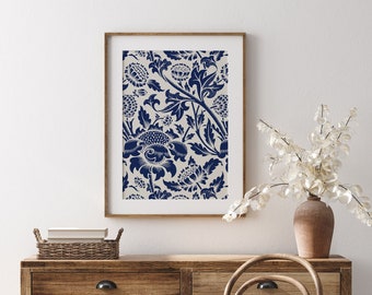 Impresión de William Morris, arte de pared Art Nouveau, flor blanca y azul, DESCARGA DIGITAL
