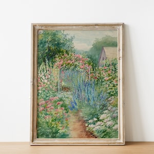 French Country Cottage Landscape Flower Garden Painting | French Antique Garden Print | Farmhouse Painting | DIGITAL PRINT Wall Art
