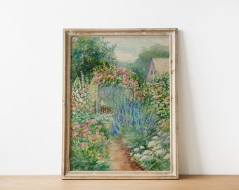 フランスの田舎のコテージの風景、花の庭の絵画 | フランスの