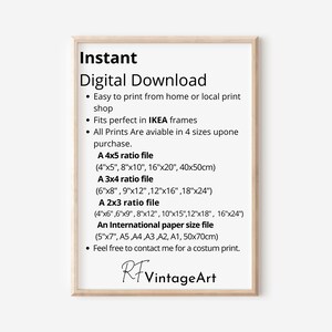 May include: A digital download listing for printable art. The listing includes information about the different sizes available, including inches and centimeters. The text also mentions that the prints are perfect for IKEA frames. The listing is titled "Instant Digital Download" and includes the text "RFVintageArt".