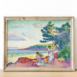May include: A painting of a beach scene with three figures in the foreground. The figures are wearing white clothing and are standing under a large tree. The beach is sandy and there is a body of water in the background. The sky is blue and there are clouds in the sky.