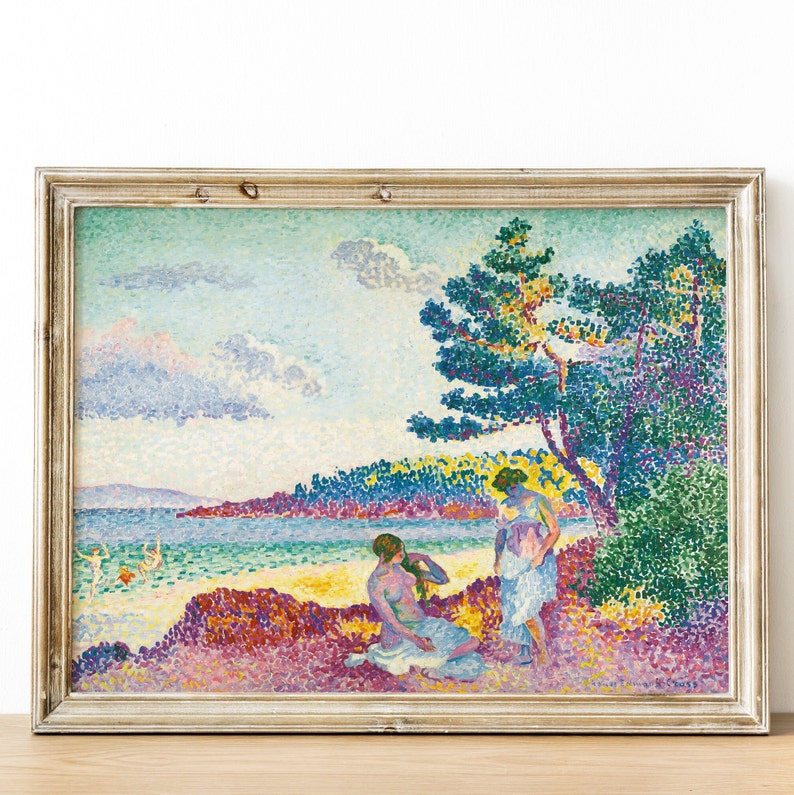 May include: A painting of a beach scene with three figures in the foreground. The figures are wearing white clothing and are standing under a large tree. The beach is sandy and there is a body of water in the background. The sky is blue and there are clouds in the sky.