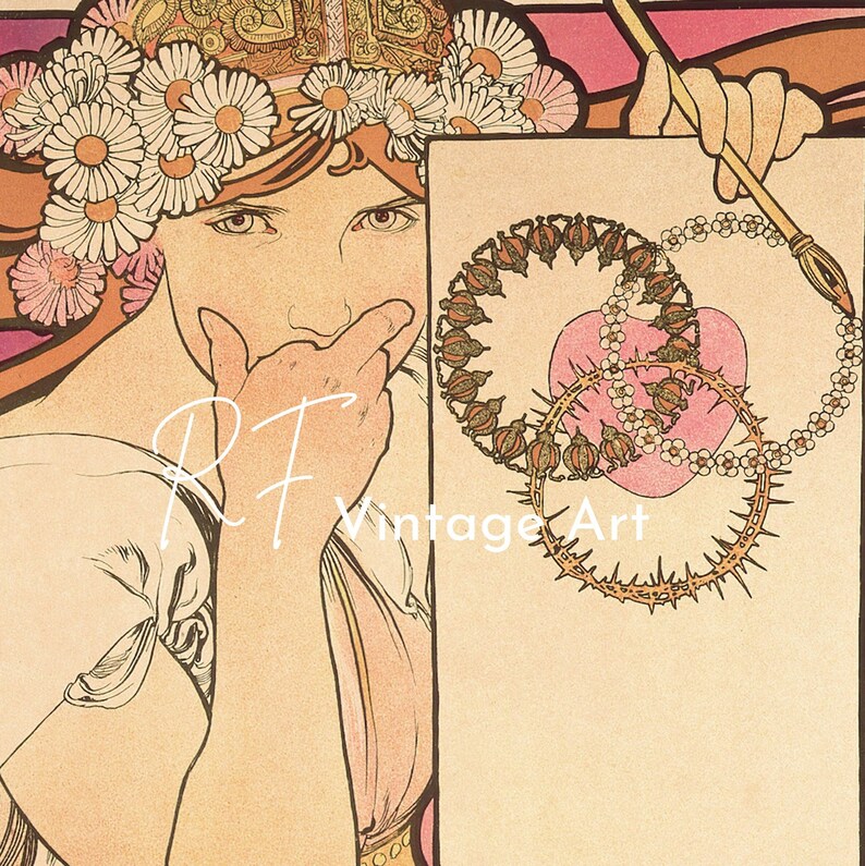 May include: A vintage illustration of a woman wearing a crown of flowers, holding a pen and looking at a blank page with a pink heart and two gold rings with thorns and pearls. The text "RF Vintage Art" is written on the page.
