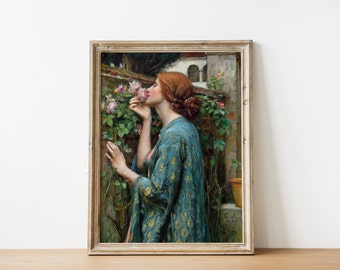 バラ園の女性のヴィンテージ肖像画｜アンティークフランス風油絵