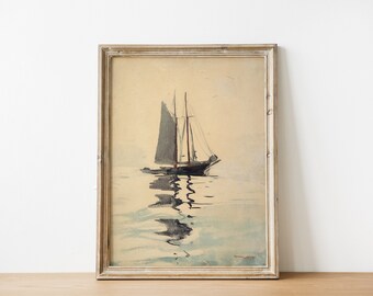 Muted Coastal Print | Vintage Sailboat Painting | Landscape Painting | DIGITAL PRINT Wall Art