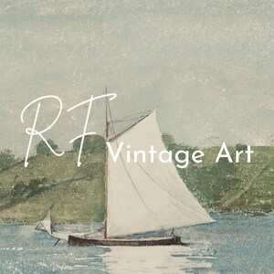 May include: A vintage watercolor painting of a sailboat on a body of water with green hills in the background. The text "RF Vintage Art" is written in white cursive on the image.