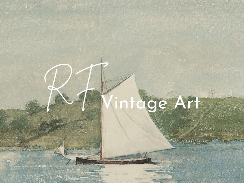May include: A vintage watercolor painting of a sailboat on a body of water with green hills in the background. The text "RF Vintage Art" is written in white cursive on the image.