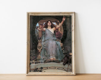 May include: A painting of a woman in a flowing blue gown, seated on a throne with a lion head on each side. She holds a cup in her right hand and a staff in her left. The background is a dark, circular frame with a glimpse of a cityscape.