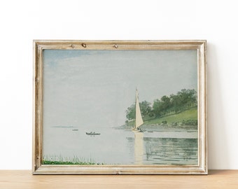 Vintage White Sailboat Print | Beach Print Coastal Painting | Antique Sea Painting | DIGITAL PRINT Wall Art