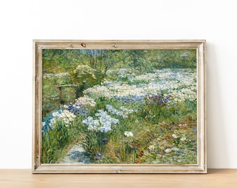 Vintage Country Cottage Landscape Flower Garden Painting - French Antique Garden Print - INSTANT DOWNLOAD