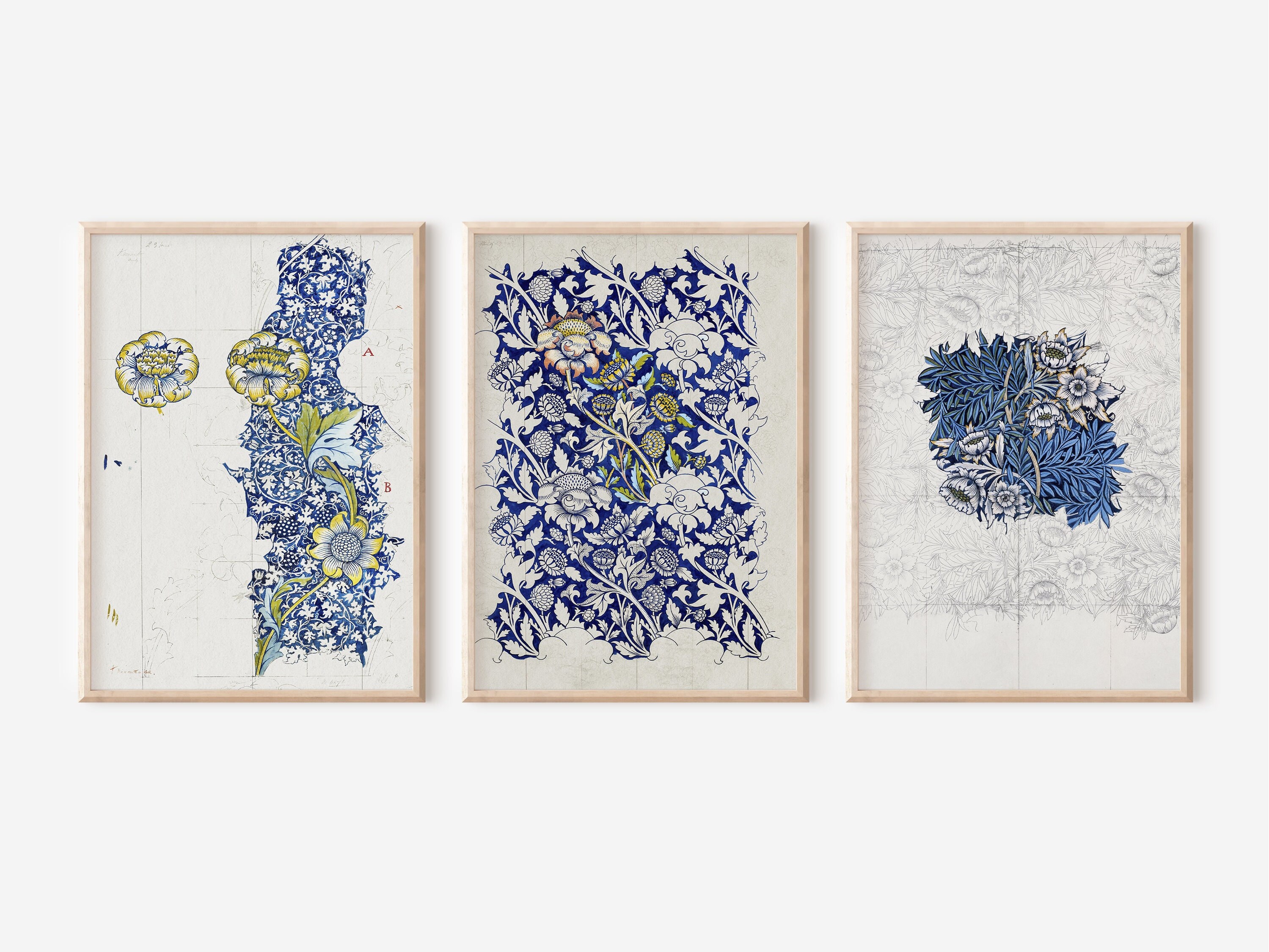 William Morris Print, Set of 3 Prints , Mid Century Modern Art , Blue ...