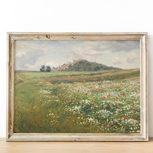 Vintage French Country Cottage Spring WildFlowers Meadow poppies Landscape Print - French Antique Painting - INSTANT DOWNLOAD