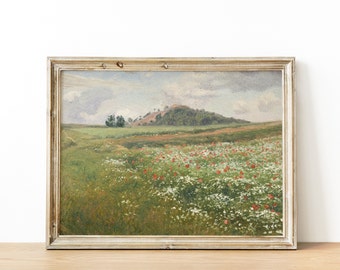 Vintage French Country Cottage Spring WildFlowers Meadow poppies Landscape Print - French Antique Painting - INSTANT DOWNLOAD