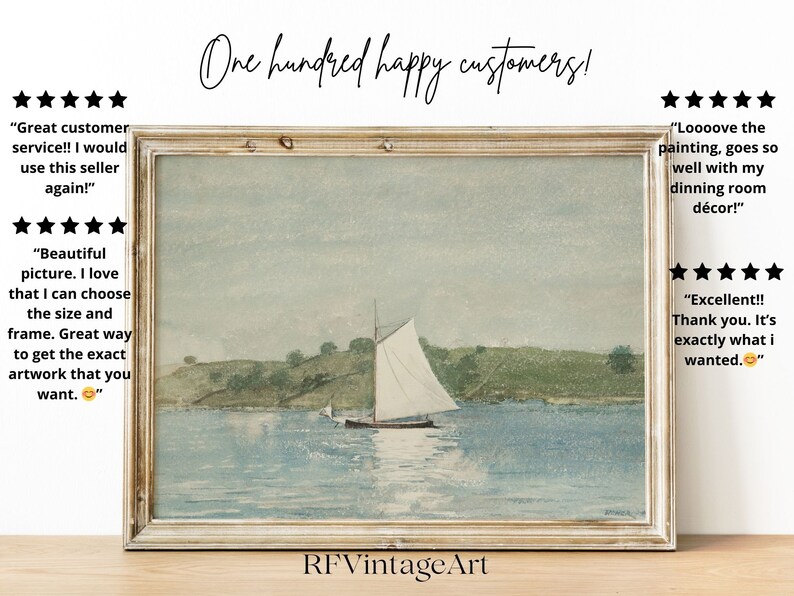 May include: A watercolor painting of a sailboat on a body of water with green hills in the background. The painting is framed in a light wood frame. The image includes customer reviews with five stars and positive comments about the painting and the seller.