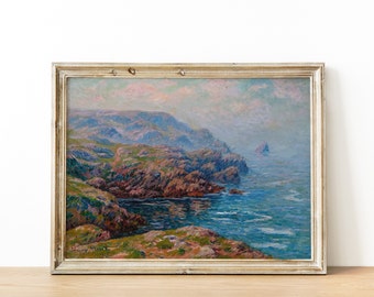 Vintage Cliff Painting Vintage Landscape Painting ,Coastal Printable Art, Ocean Blue Coastal Print , DIGITAL PRINT Wall Art