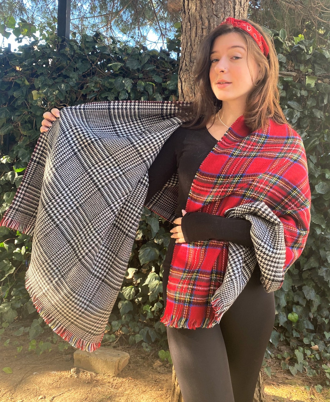 Red Plaid Winter Oversize Women Scarf, Winter Shawl, Women Double Sided