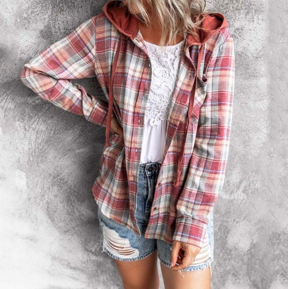 LWZWM Women Casual Shirts Fall Clothes Open Front Long Plaid Shirt