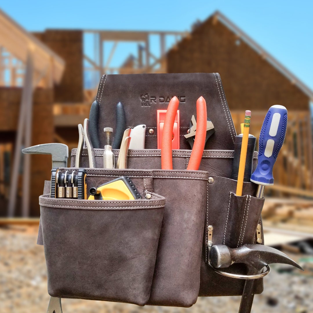 Top Grain Leather Carpenter Tool Pouch 9 Pockets Designed for Dominant