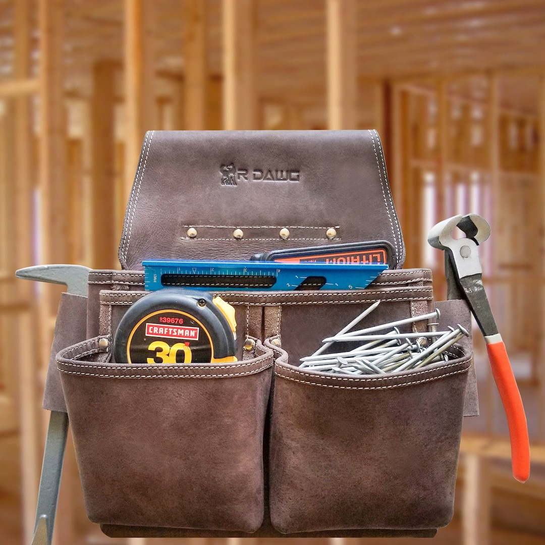 Top Grain Leather Carpenter Tool Pouch 5 Pockets With Speed Square Slot Designed for Non