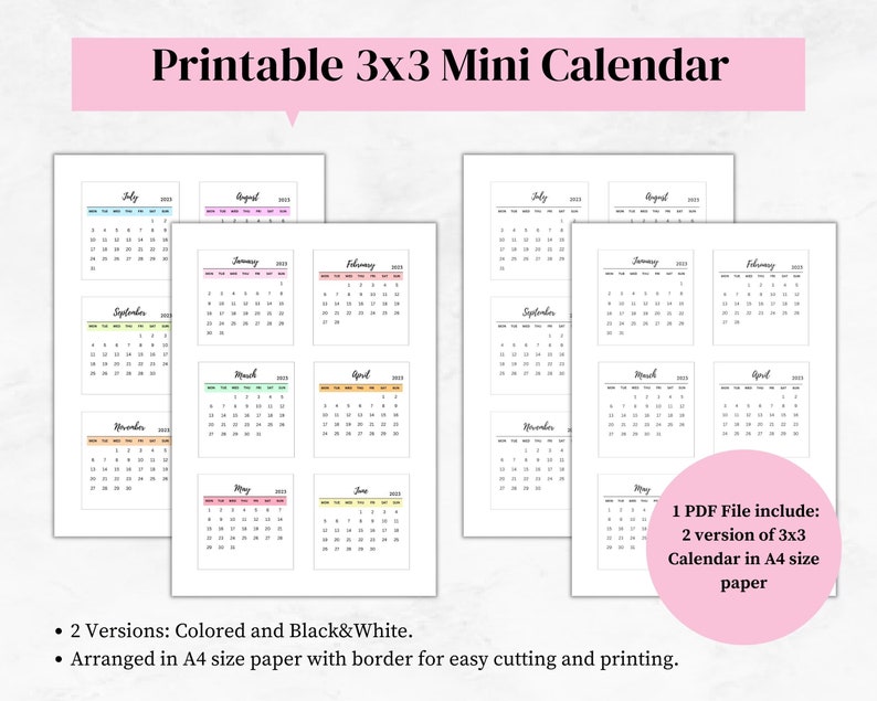 Printable Mini Calendar 2023 Minimalist Pastel A4 Size - Etsy
