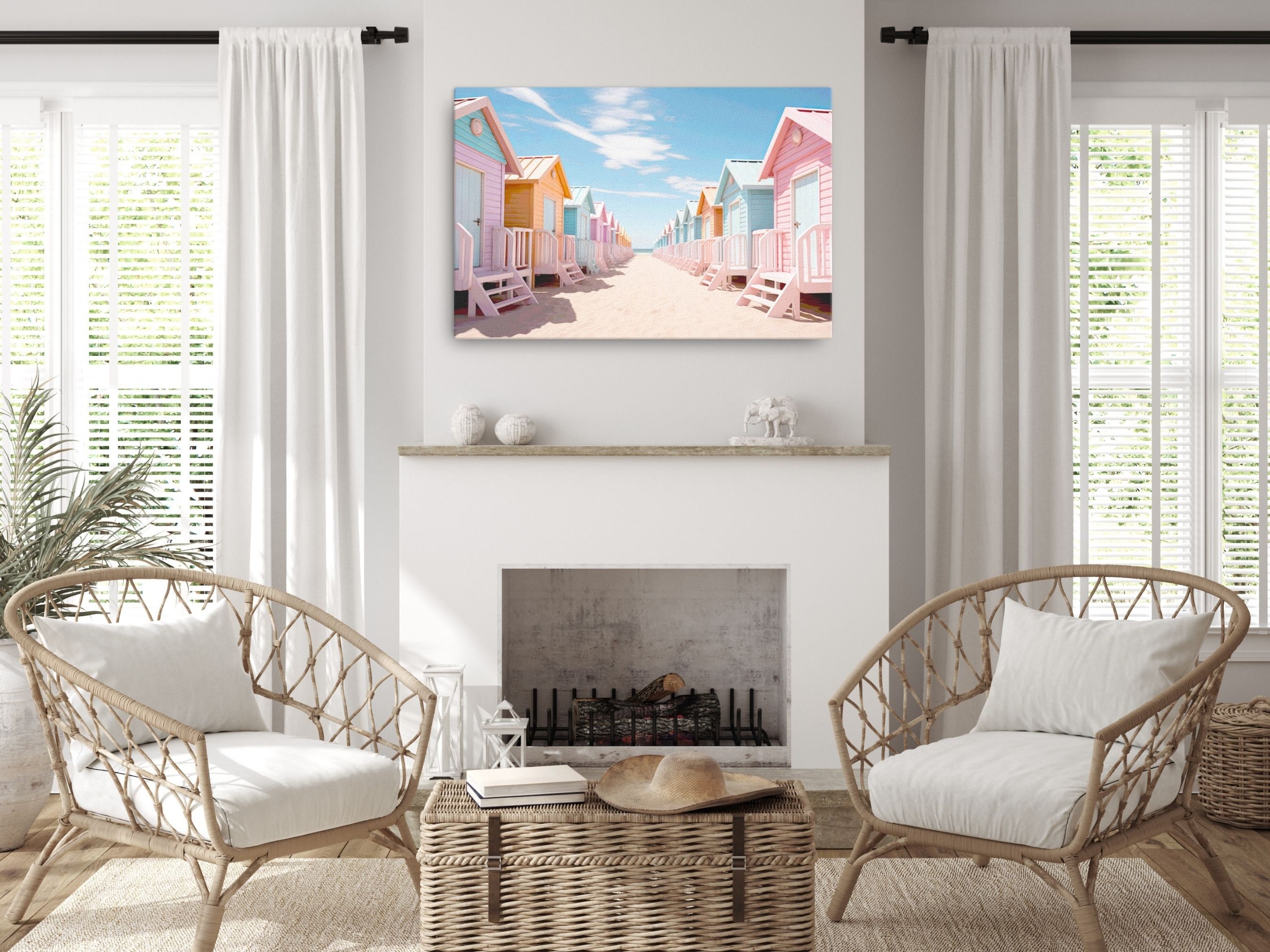 Colorful Beach Huts Wall Decor, Seaside Cottage Prints for Coastal